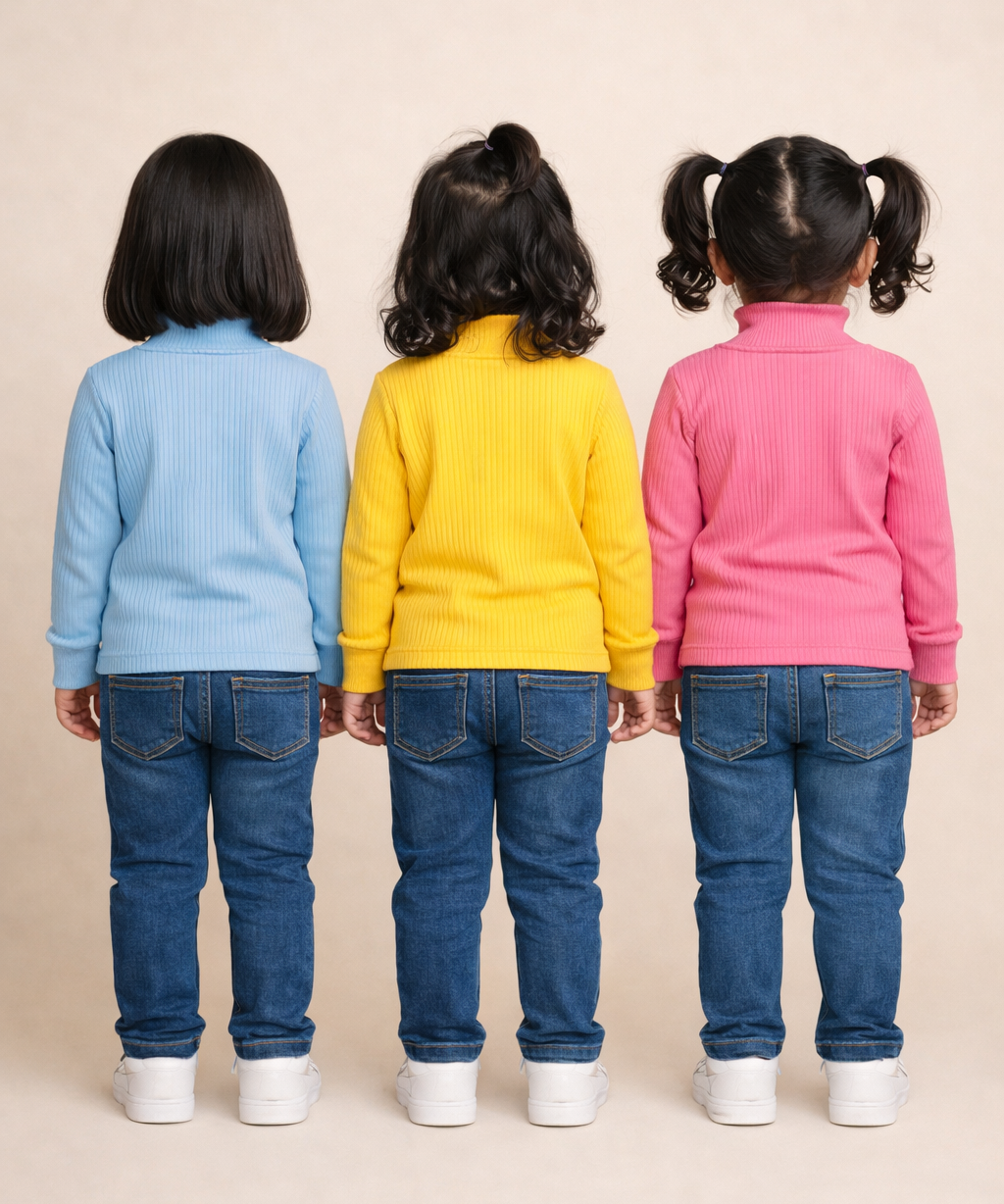 Kids Girls Full Sleeve Hi-Neck Plain Rib T-shirt | Age 0 to 5 Years (Pack of 3)