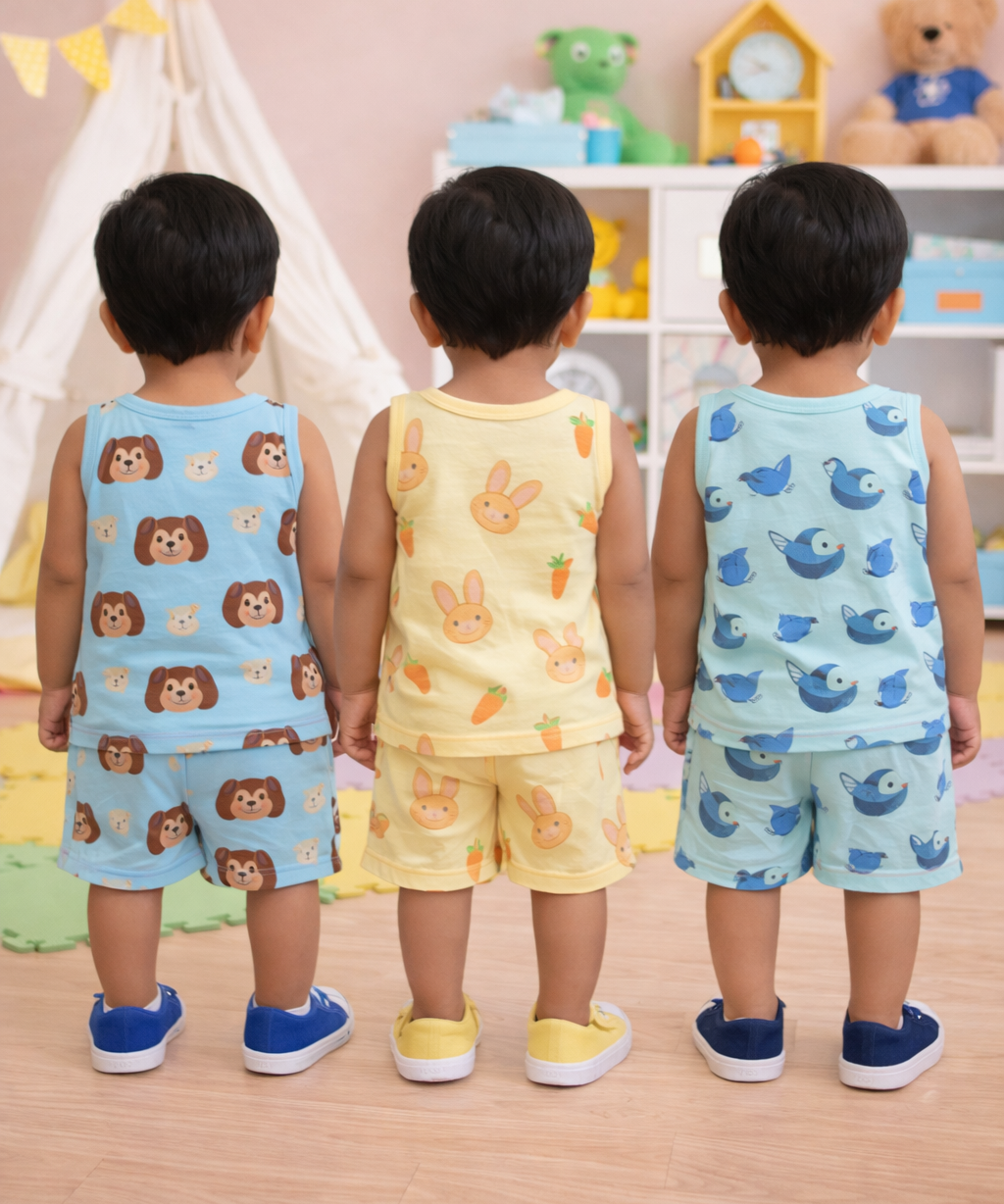 Boys Cotton Cartoon Printed Kids Sleeveless Set Combo | Age 0 to 3 Years | T-shirt & Shorts (Combo Set Pack of 3)