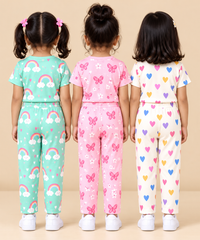 Girl Kids All Over Printed Tshirt and pant Co-ord Set | Age 6 Months to 4 Years (Pack of 3 Sets)