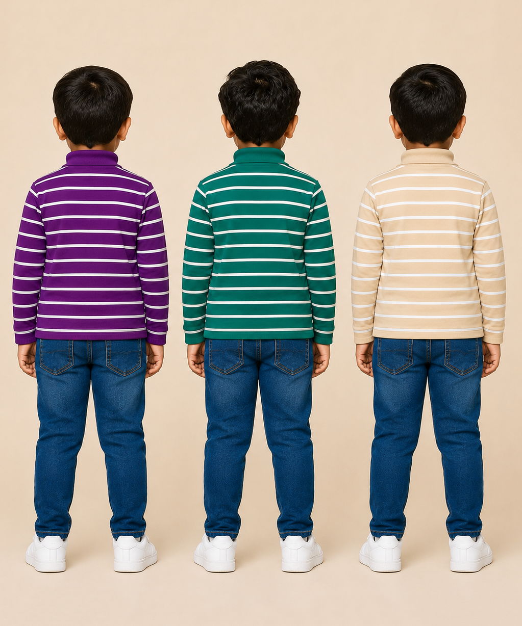 Kids Boys Full Sleeve Hi-Neck Stripes Rib T-shirt | Age 9 to 24 Months | Pack of 3 Pieces