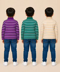 Kids Boys Full Sleeve Hi-Neck Stripes Rib T-shirt | Age 9 to 24 Months | Pack of 3 Pieces