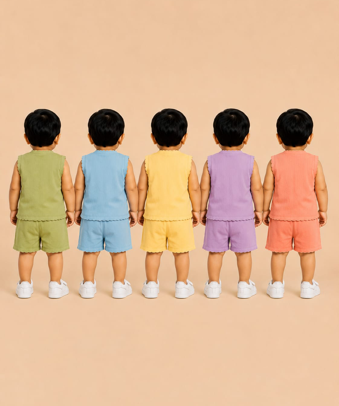 Boy & Girl Babies Poly Cotton Sleeveless Printed Top & Shorts Co-ord Set | 0-6 Months (Pack of 5) - Style 3
