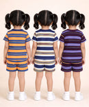 Girls Cotton Stripes Kids Co-ord Set Combo / Age 1-4 Years | T-shirt & Shorts (Combo Set Pack of 3)