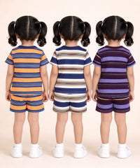 Girls Cotton Stripes Kids Co-ord Set Combo / Age 1-4 Years | T-shirt & Shorts (Combo Set Pack of 3)