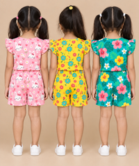 Girls All Over Printed | Flutter Sleeve Tshirt and Shorts Co-ord Set | Age 0 to 3 Years (Pack of 3 Sets)