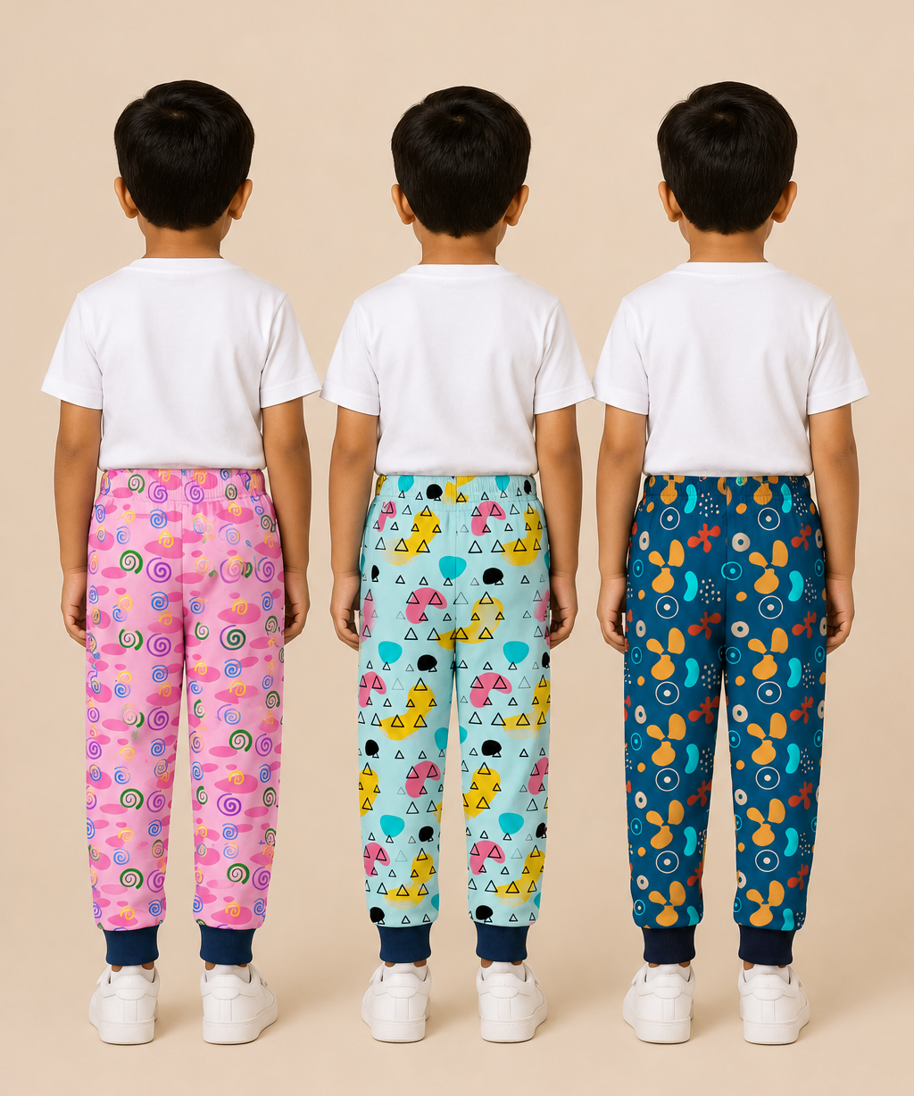 Kids Printed Cotton Track Pants for Boys | Soft Elastic Waist Full Length Joggers | Age 6 Months-5 Years | Pack of 3 Pieces