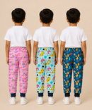 Kids Printed Cotton Track Pants for Boys | Soft Elastic Waist Full Length Joggers | Age 6 Months-5 Years | Pack of 3 Pieces