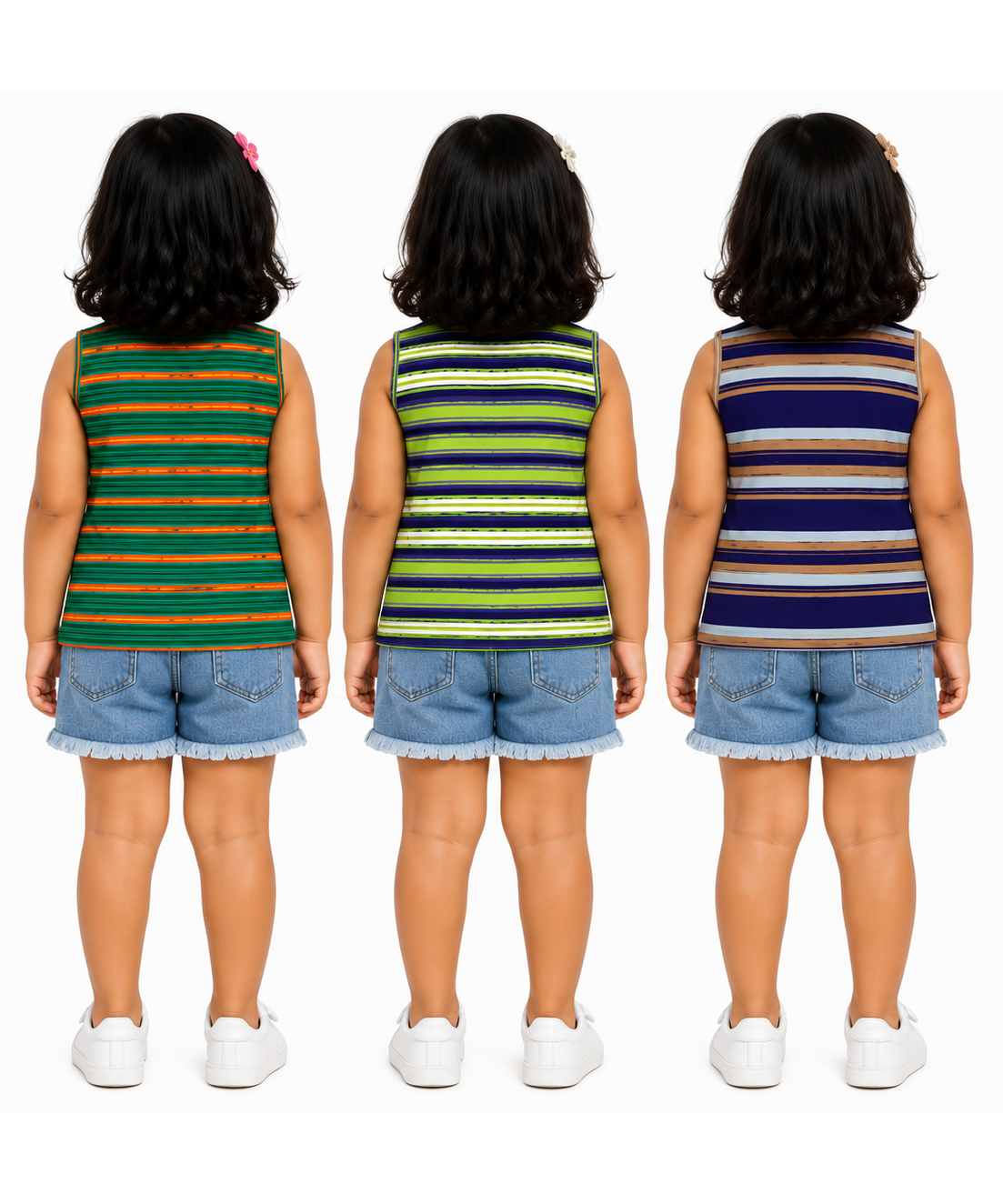 Cotton Stripes Girls Kids Sleeveless Tshirt (Pack of 3)