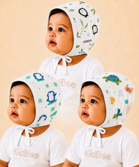 Baby Muslin Cotton Printed Bonnet Cap with Chin Tie – Soft & Comfortable Infant Headwear | 0–12 Months (Pack of 3)