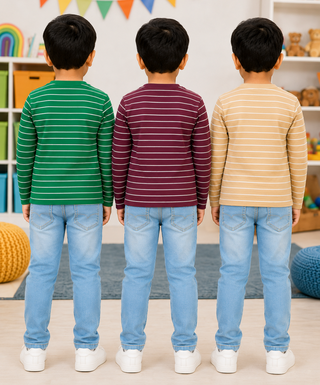 Kids Stripes Full Sleeve Cotton Tshirt | Age 0 to 3 Years (Pack of 3 Pieces)