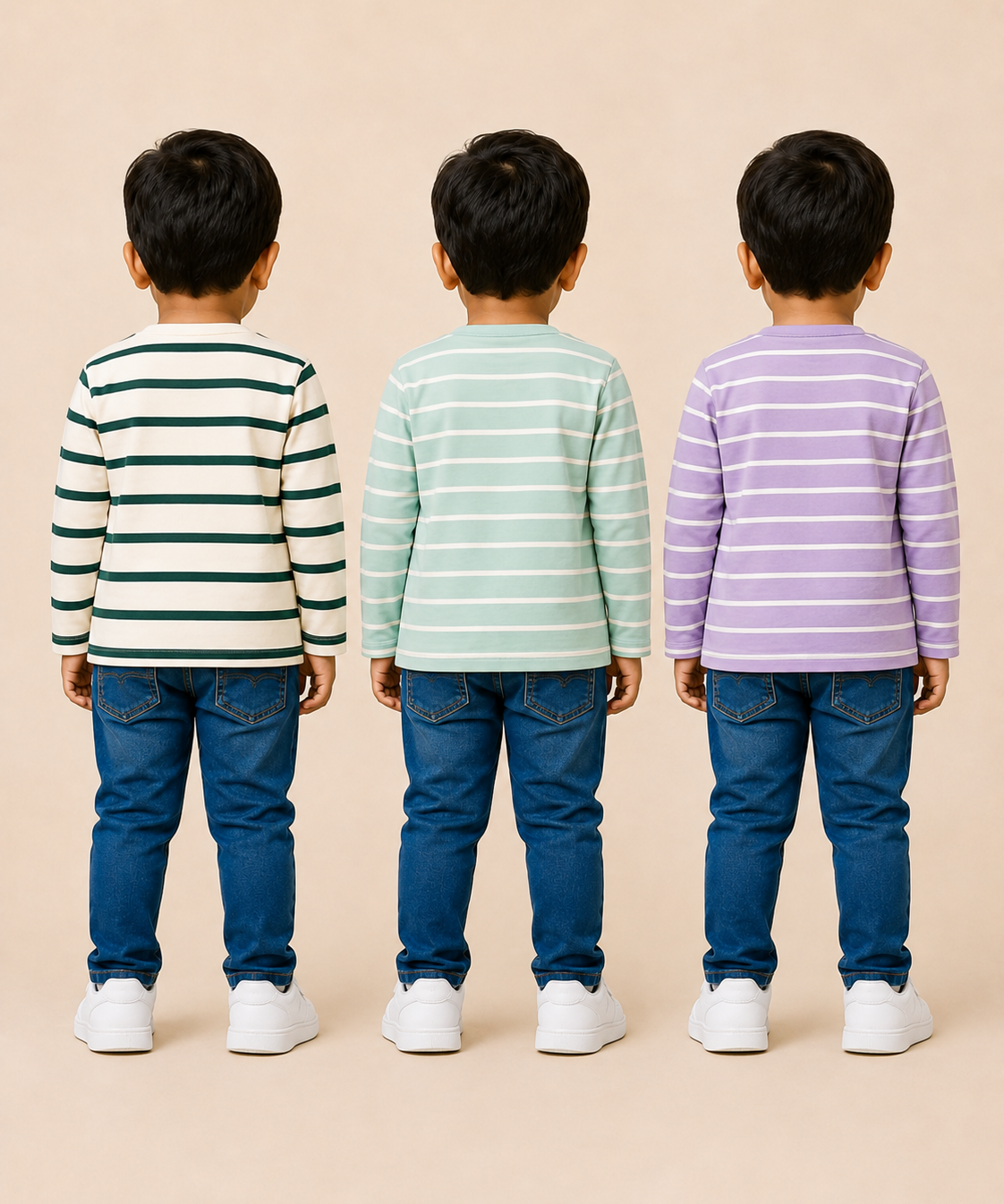 Kids Boys Cotton Stripes Full Sleeve T-shirt | Age 0-3 Years (Pack of 3)