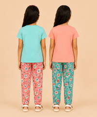 Girls Printed Cotton Night Suit Combo | Graphic Printed T-Shirts & Floral Night Pant | Age-2 to 6 Years | Pack Of 2 Sets