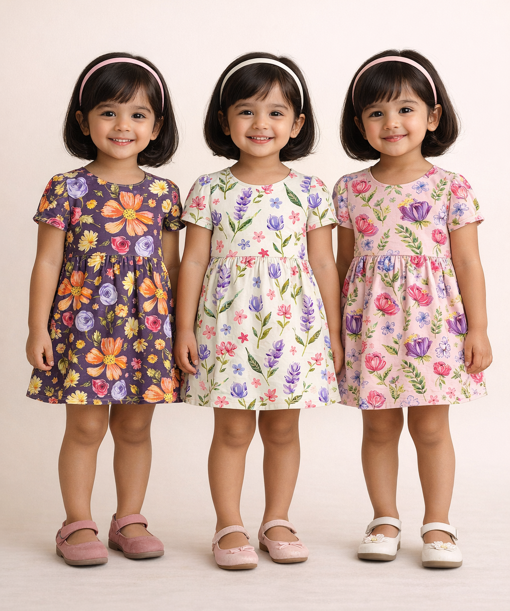 Girl Kids Frock 100% Cotton Floral Printed Gown Dress/Frock Dress | Age 1 to 8 Years (Pack of 3 Pieces)
