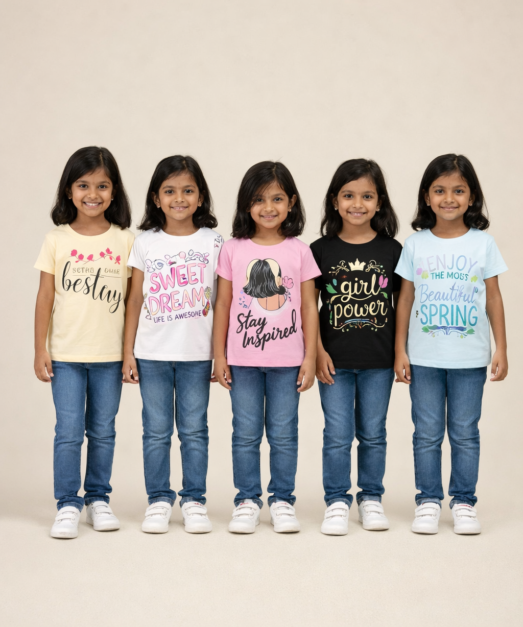 Cotton Half Sleeve Girls T-shirt Front Printed Multi Color | Age 2 to 7 Years (Pack of 5 Pieces)