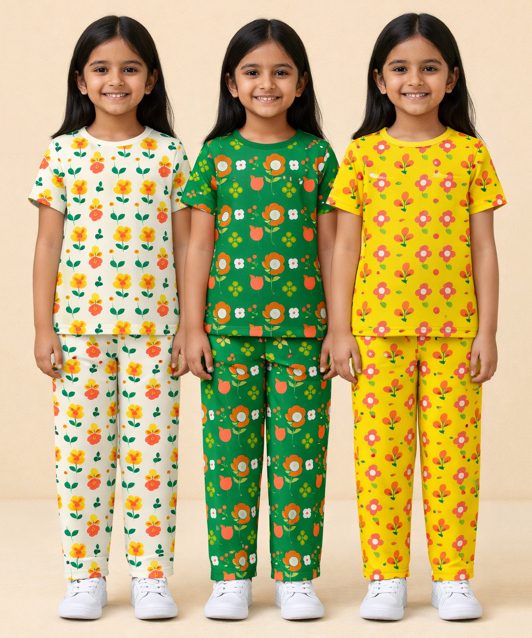 Girl Kids All Over Printed Co-ord Set | Tshirt and Pant | Age 2 to 10 Years (Pack of 3 Sets)