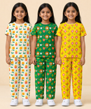 Girl Kids All Over Printed Co-ord Set | Tshirt and Pant | Age 2 to 10 Years (Pack of 3 Sets)