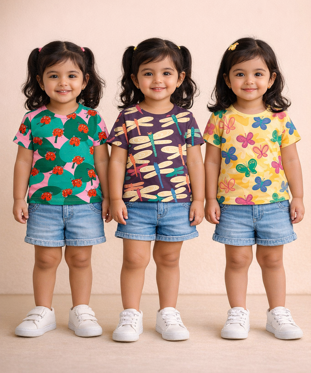 Kids Girls Cotton Printed T-shirt | 0 to 3 Years (Pack Of 3 Pieces)