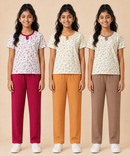 Girls Cotton Printed T-Shirt with Vertical Textured Lines Full-Length Pant Nightwear | Age 8 to 15 Years (Pack Of 3 Sets)