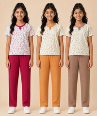 Girls Cotton Printed T-Shirt with Vertical Textured Lines Full-Length Pant Nightwear | Age 8 to 15 Years (Pack Of 3 Sets)