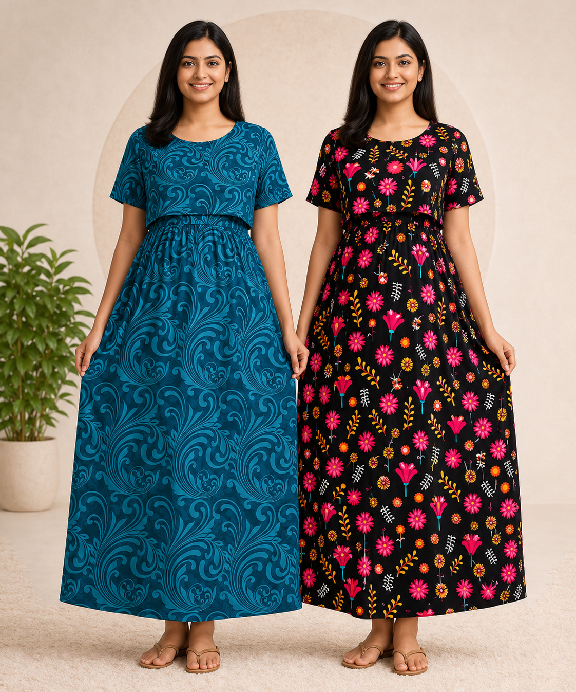 Maternity Feeding Maxi Dress | Nursing Friendly Nighty Style (Pack of 2 Pieces)