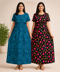 Maternity Feeding Maxi Dress | Nursing Friendly Nighty Style (Pack of 2 Pieces)