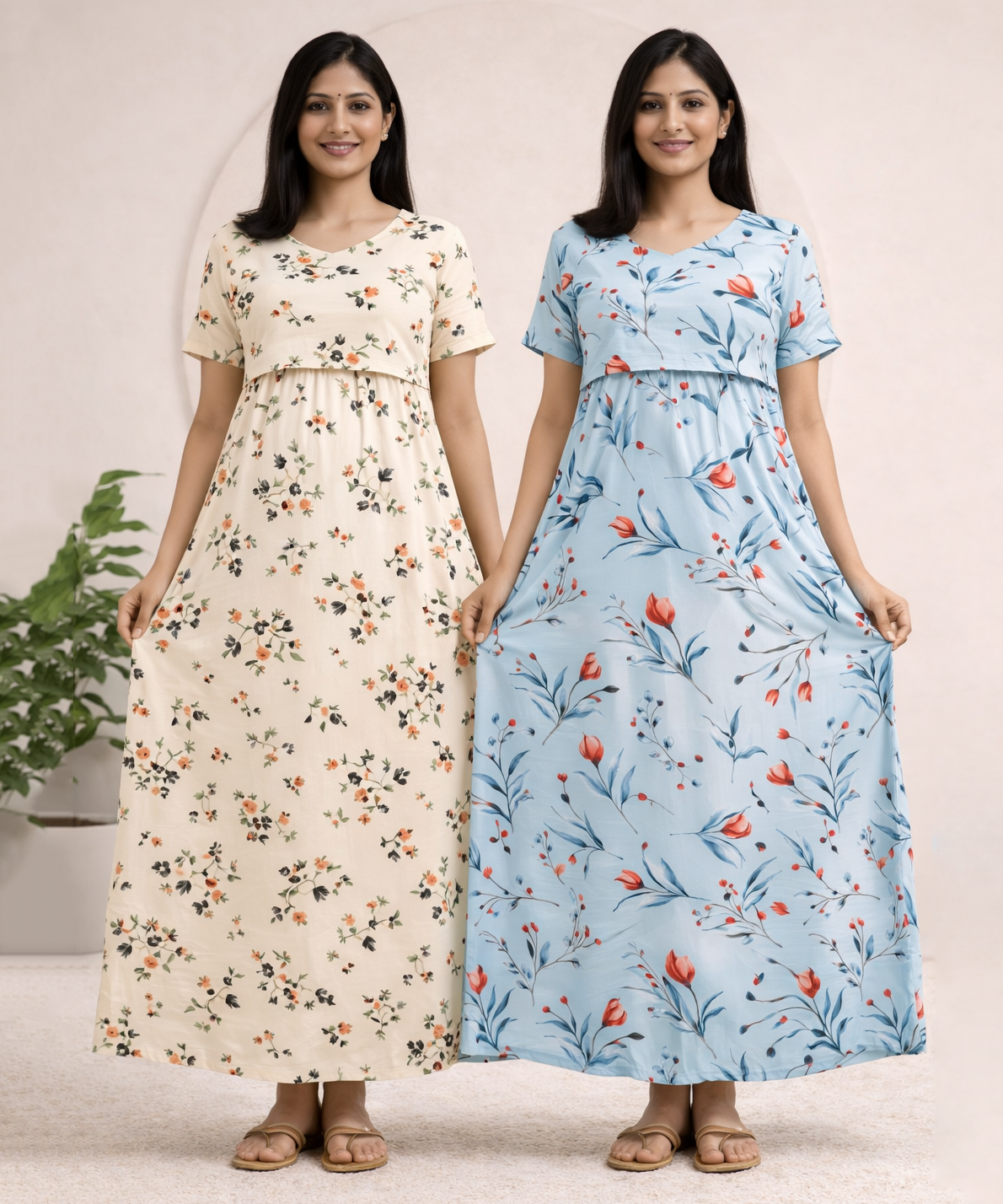 Maternity Feeding Maxi Dress | Nursing Friendly Nighty Style (Pack of 2 Pieces)