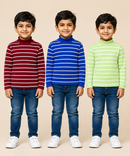 Kids Boys Full Sleeve Hi-Neck Stripes Rib T-shirt | Age 9 to 24 Months | Pack of 3 Pieces