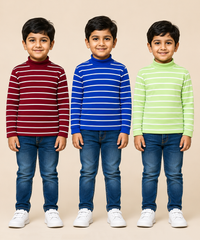 Kids Boys Full Sleeve Hi-Neck Stripes Rib T-shirt | Age 9 to 24 Months | Pack of 3 Pieces