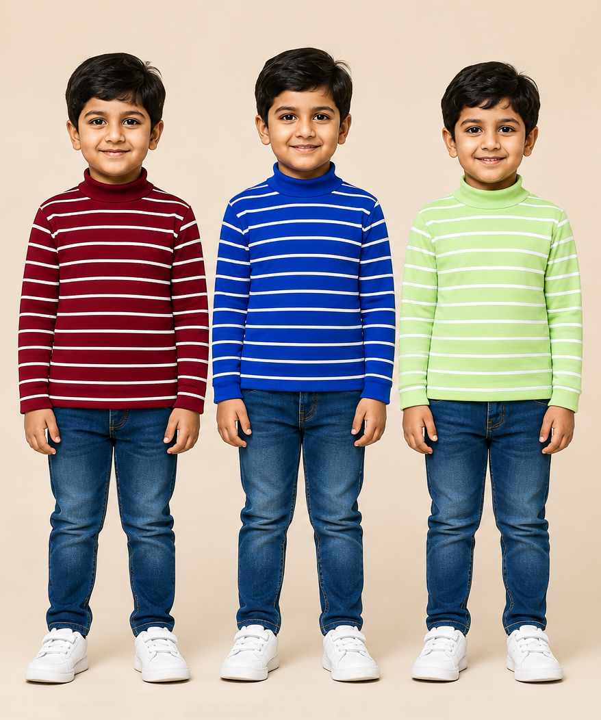 Kids Boys Full Sleeve Hi-Neck Stripes Rib T-shirt | Age 9 to 24 Months | Pack of 3 Pieces