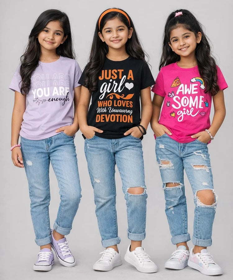 Girls Printed Casual Round Neck T-shirt (Pack of 3 Pieces)