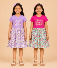 Girls Printed Half Sleeve Cotton Contrast Frock Dress | Floral Knee Length Casual Wear for Kids | Age - 5 to 10 Years | (Pack of 2)