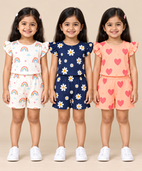 Girls All Over Printed | Flutter Sleeve Tshirt and Shorts Co-ord Set | Age 0 to 3 Years (Pack of 3 Sets)