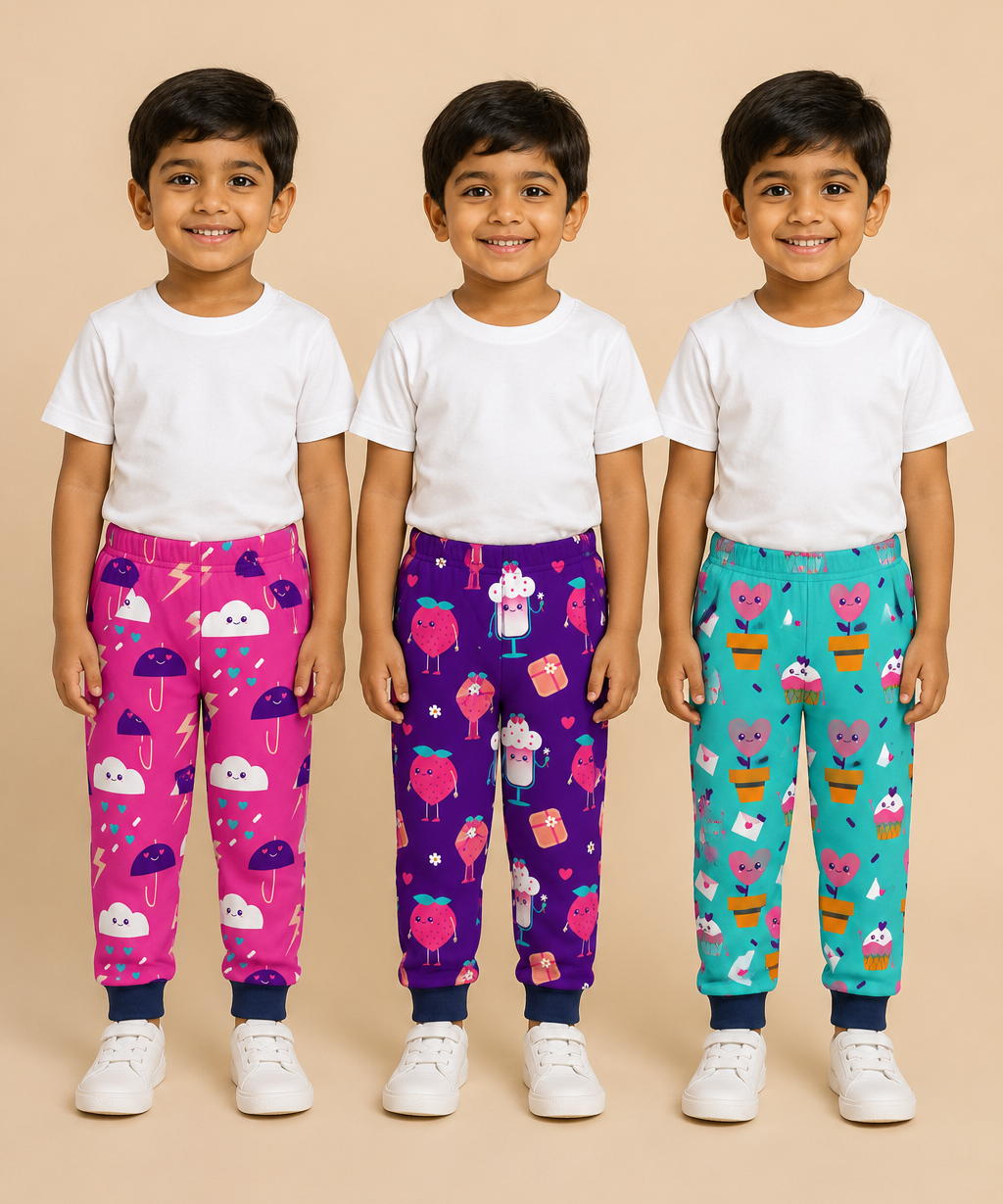 Kids Printed Cotton Track Pants for Boys | Soft Elastic Waist Full Length Joggers | Age 6 Months-5 Years | Pack of 3 Pieces