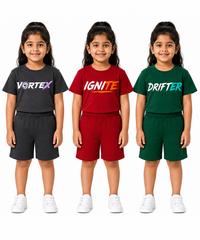 Kids Typography Print T-Shirt & Shorts Co-Ord Set for Girls | Age 6 Months-3 Years | Pack Of 3 Set Combo