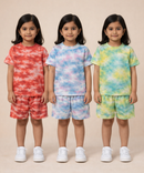 Kids Girls Tie-Dye Cloud Print Cotton T-Shirt & Shorts Co-ord Set | Pack of 3 Pieces | Age 1–4 Years