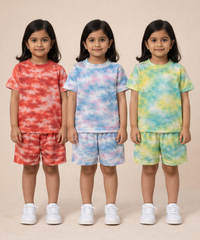 Kids Girls Tie-Dye Cloud Print Cotton T-Shirt & Shorts Co-ord Set | Pack of 3 Pieces | Age 1–4 Years