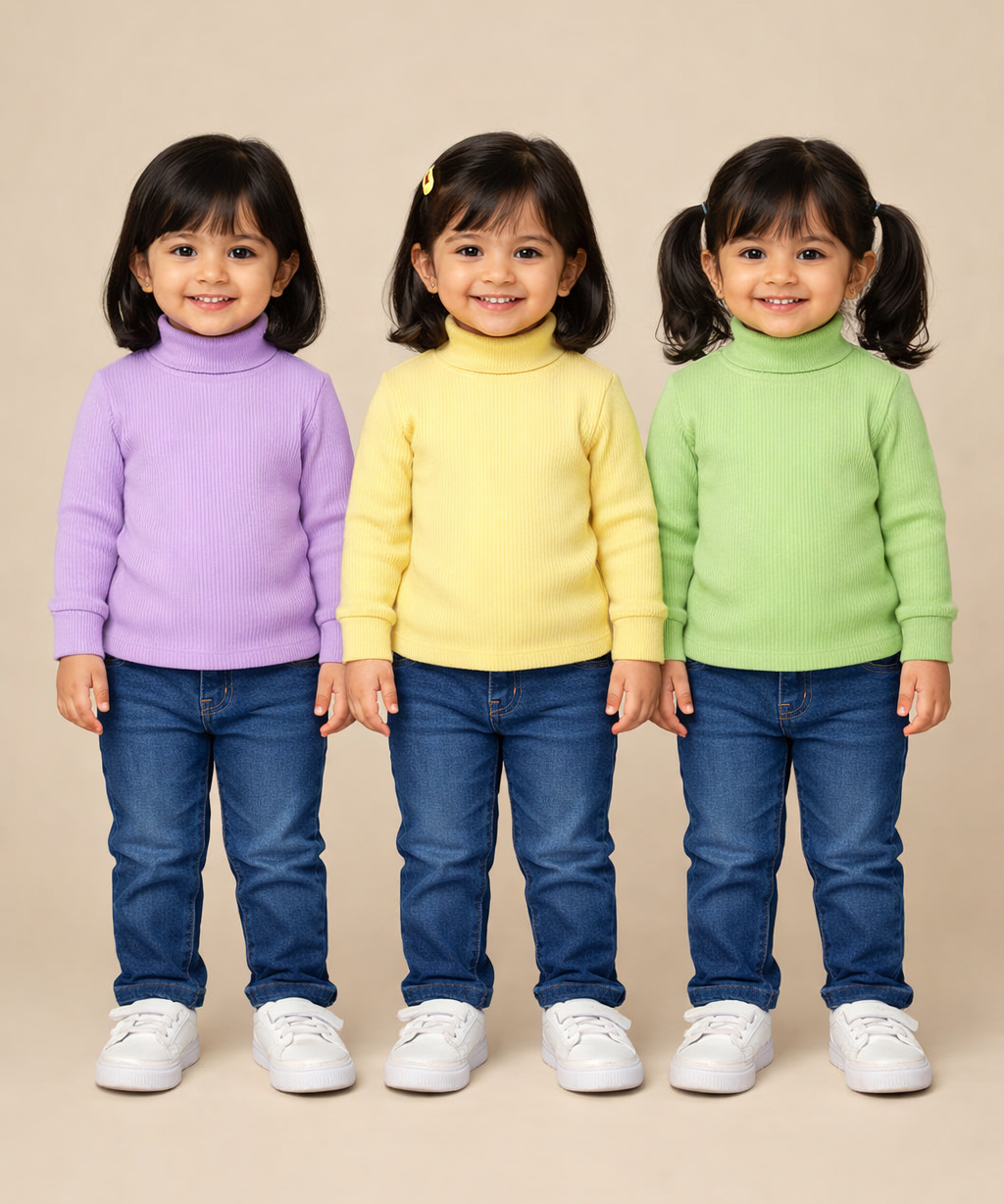 Kids Girls Full Sleeve Hi-Neck Plain Rib T-shirt | Age 0 to 5 Years (Pack of 3)
