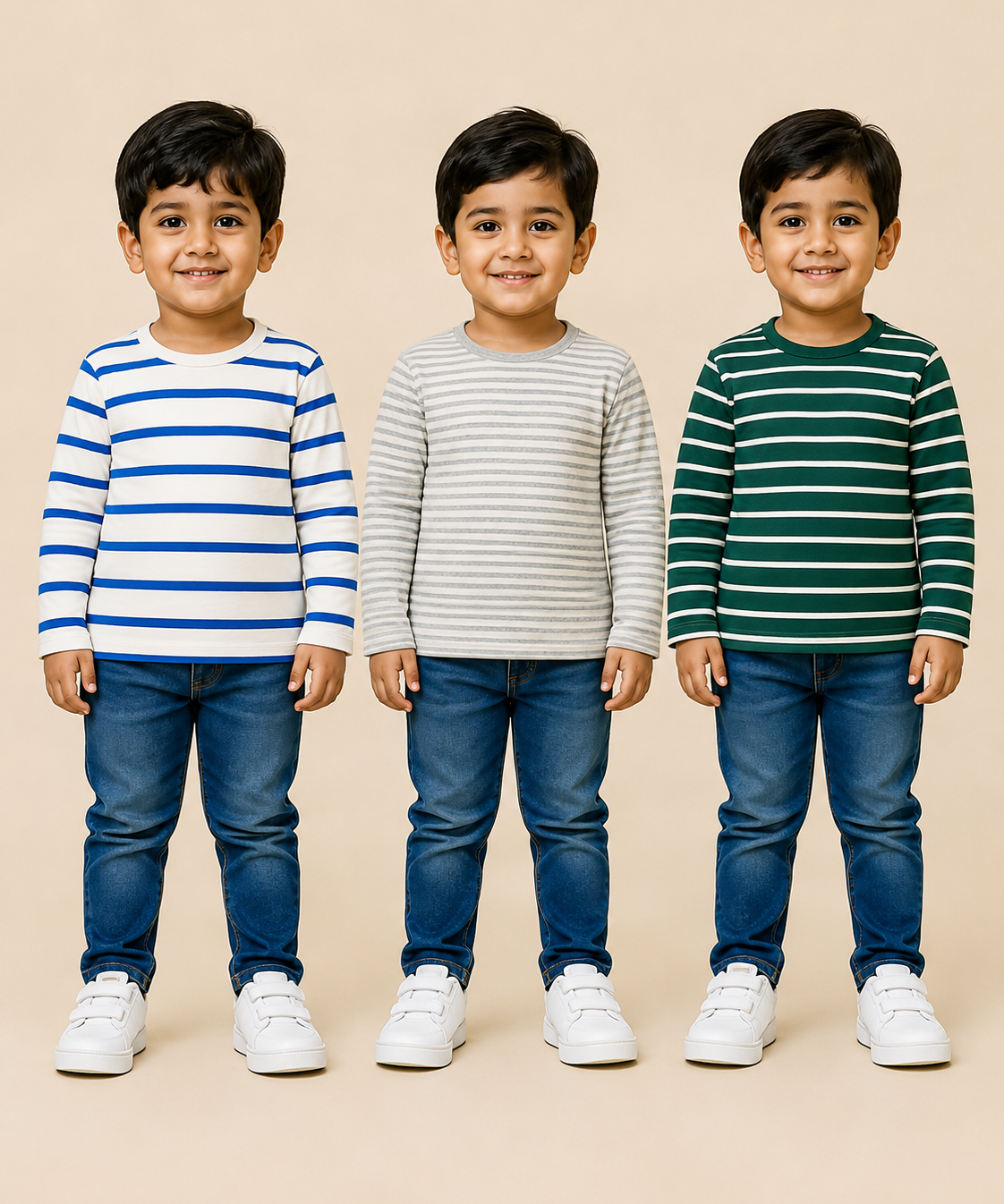 Kids Boys Cotton Stripes Full Sleeve T-shirt | Age 0-3 Years (Pack of 3)