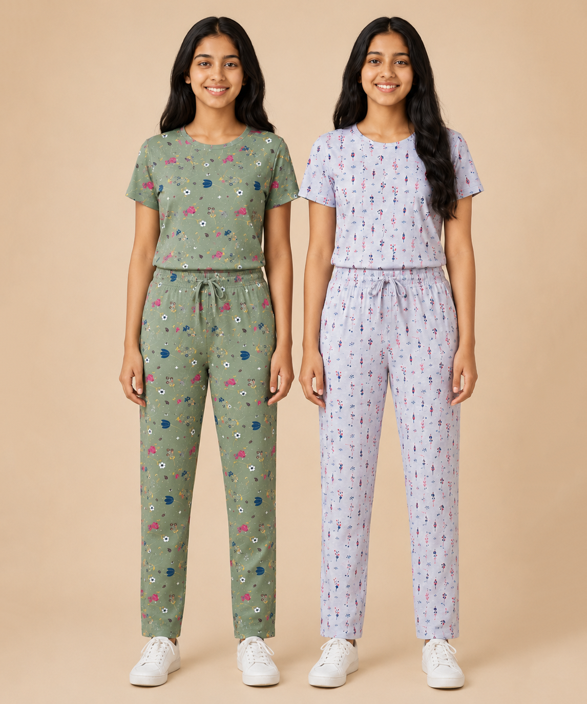 Girls Cotton All-Over Printed T-Shirt & Full-Length Pant Night Suit | Age - 9 to 15 Years | Pack of 2 Sets