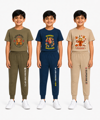 Boys Graphic Printed T-Shirt & Typography Track Pant Co-Ord Set | Age 2-5 Years | Pack Of 3 Set