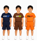 Kids Typography Print T-Shirt & Shorts Co-Ord Set for Boys | Age 6 Months-3 Years | Pack Of 3 Set Combo