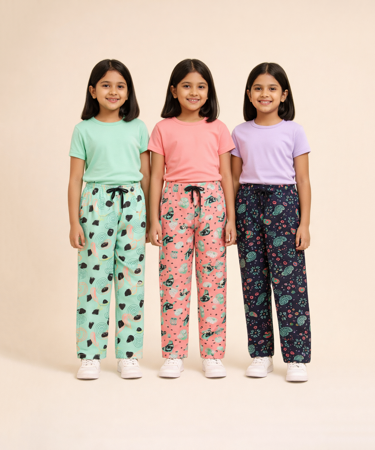 Girls Cotton Printed Track Pants (Pack of 3) | Nightwear & Casual | 6–9 Years