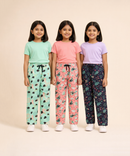 Girls Cotton Printed Track Pants (Pack of 3) | Nightwear & Casual | 6–9 Years
