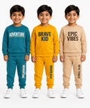 Boys Full Sleeve Cotton Winter Co-Ord Set | Typography Chest Printed Sweatshirt & Jogger Track Pant | Age 1 to 4 Years (Pack of 3 Sets)