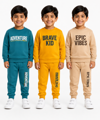 Boys Full Sleeve Cotton Winter Co-Ord Set | Typography Chest Printed Sweatshirt & Jogger Track Pant | Age 1 to 4 Years (Pack of 3 Sets)