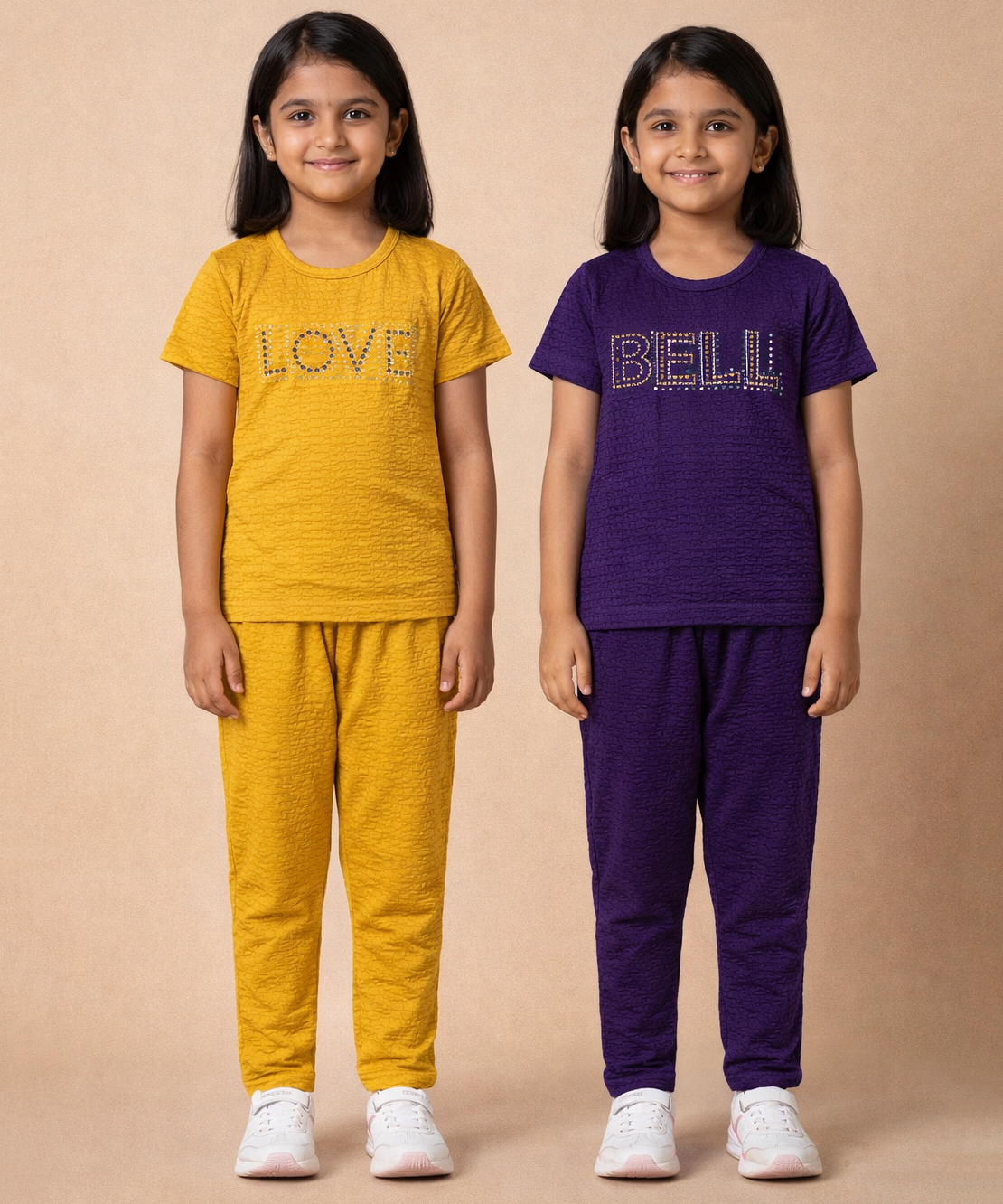 Girls Textured Polyester Co-ord Set | Half Sleeve Top & Pants | Pack of 2 Pieces