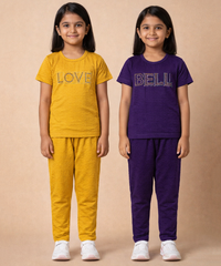Girls Textured Polyester Co-ord Set | Half Sleeve Top & Pants | Pack of 2 Pieces