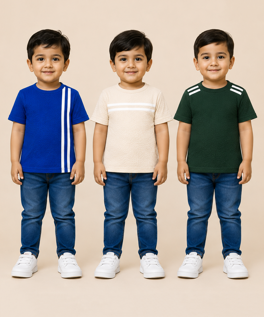 Kids Boys Popcorn Stripes Half Sleeve T-Shirt | Age 3 to 6 Years (Pack of 3 Pieces)