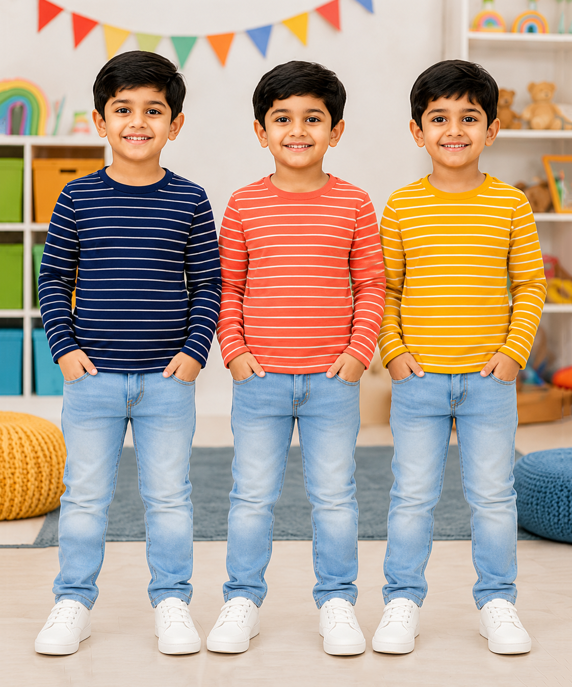 Kids Stripes Full Sleeve Cotton Tshirt | Age 0 to 3 Years (Pack of 3 Pieces)