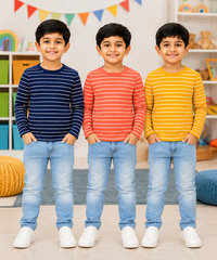 Kids Stripes Full Sleeve Cotton Tshirt | Age 0 to 3 Years (Pack of 3 Pieces)